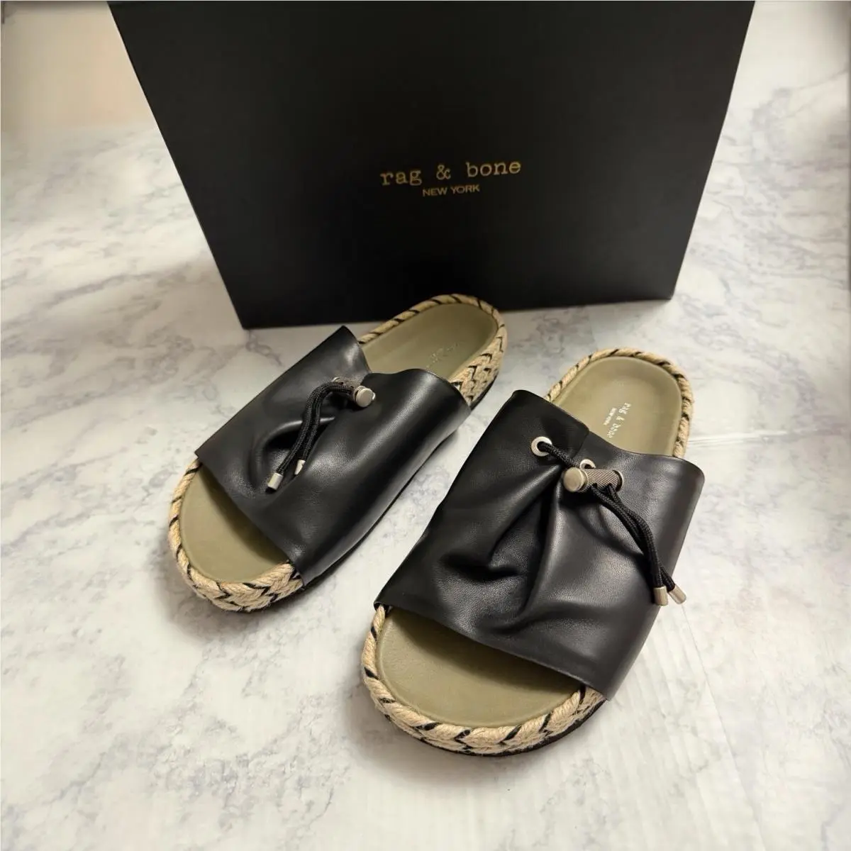Rag Bone Eva Espadrille Black Leather Slides Sandals Size 6 36 Soft Adjustable