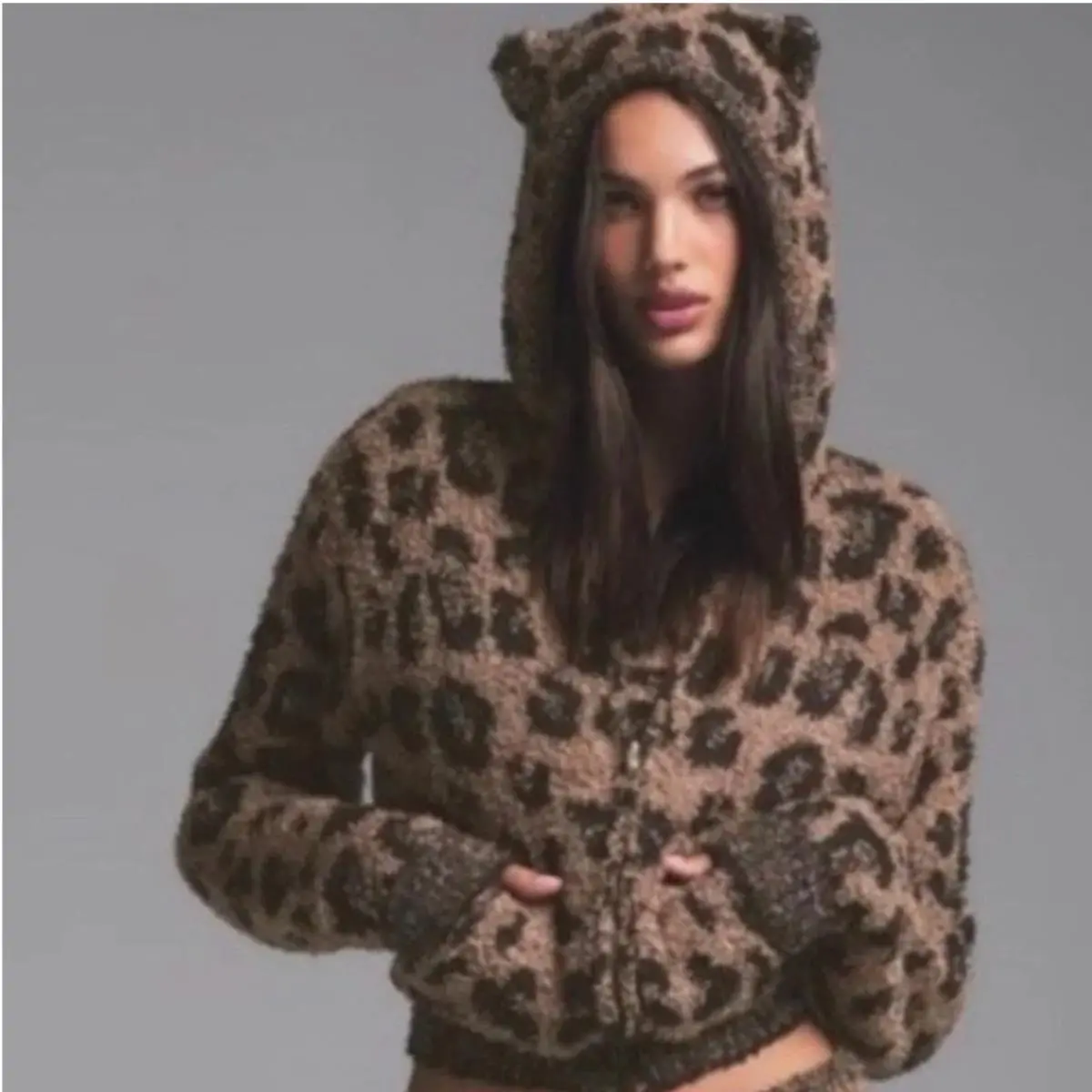 Skims Comfort Collection Leopard Hoodie Sweatpants Set L XL Animal Ears