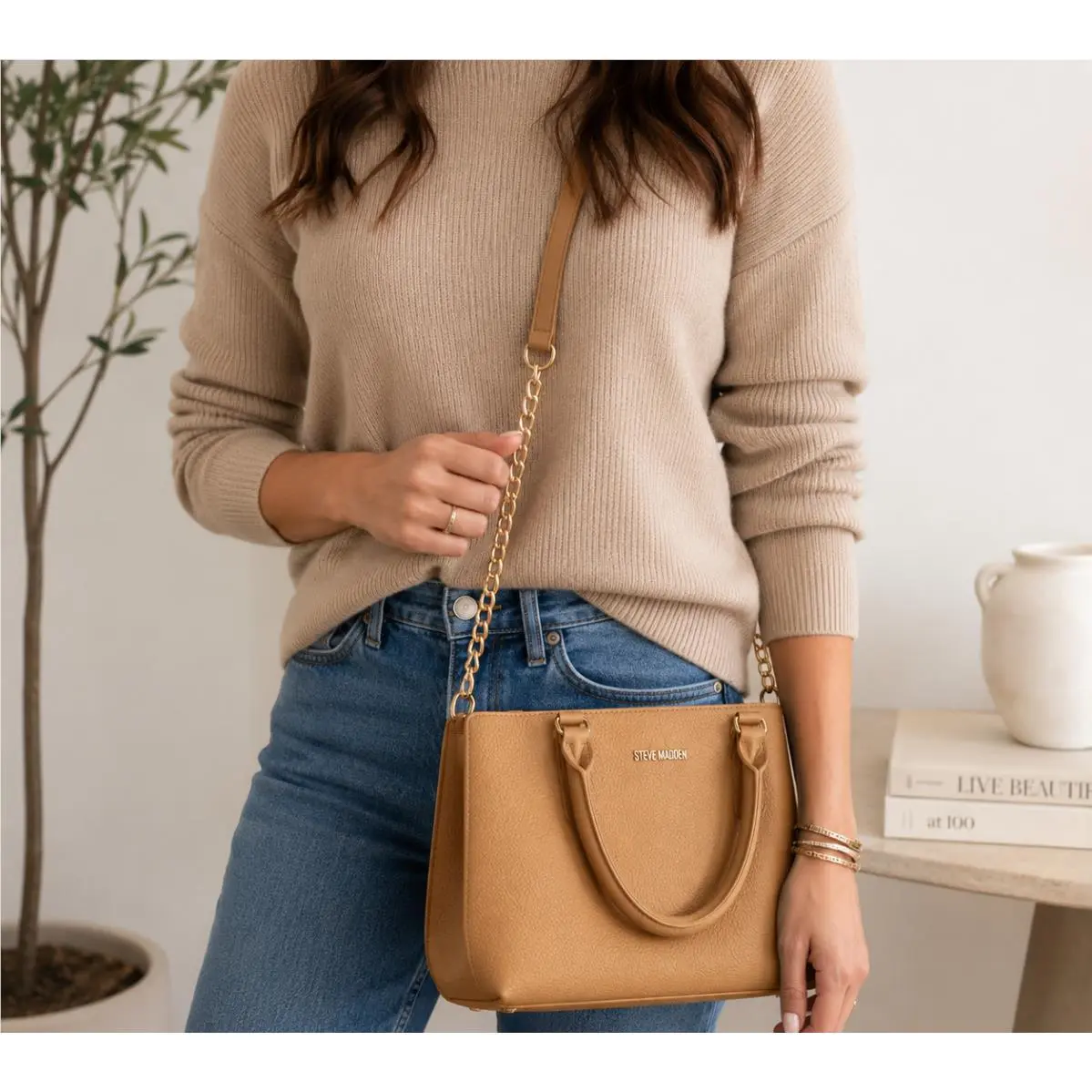 Brown Satchel Crossbody Purse Gold Chain Strap Handbag Nwot by Steve Madden