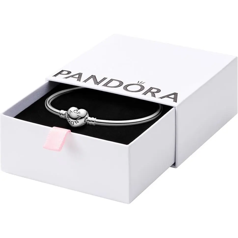 Pandora Silver Bangle Heart Shaped Clasp Elegant Polished Durable Jewelry Bracelet Gift