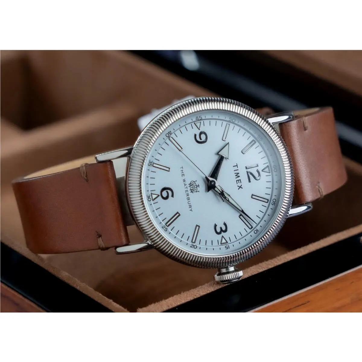 Timex Men`s Watch Waterbury Quartz Silver Dial Brown Leather Strap TW2W20300VQ