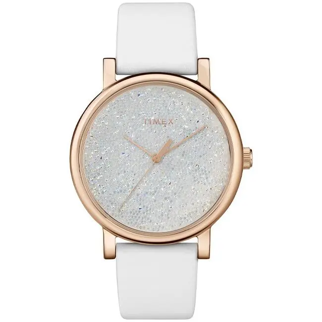 Timex Trend Crystal Opulence Women`s Round 38mm Quartz Watch - TW2R95000JT - Dial: White Crystal, Band: White, Bezel: Rose Gold-Tone