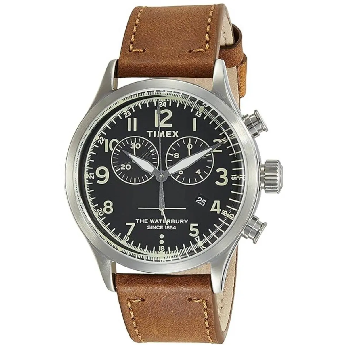 Men`s Watch Waterbury Chronograph Black Dial Tan Leather Strap TW2R70900VQ by Timex