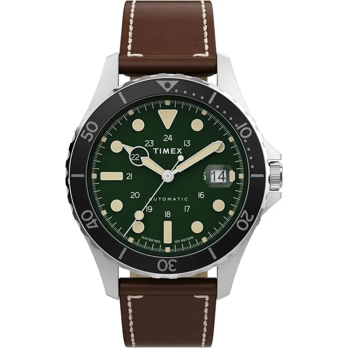 Men`s Watch Automatic Green Dial Brown Leather Strap Date TWH6Z5710VQ by Timex