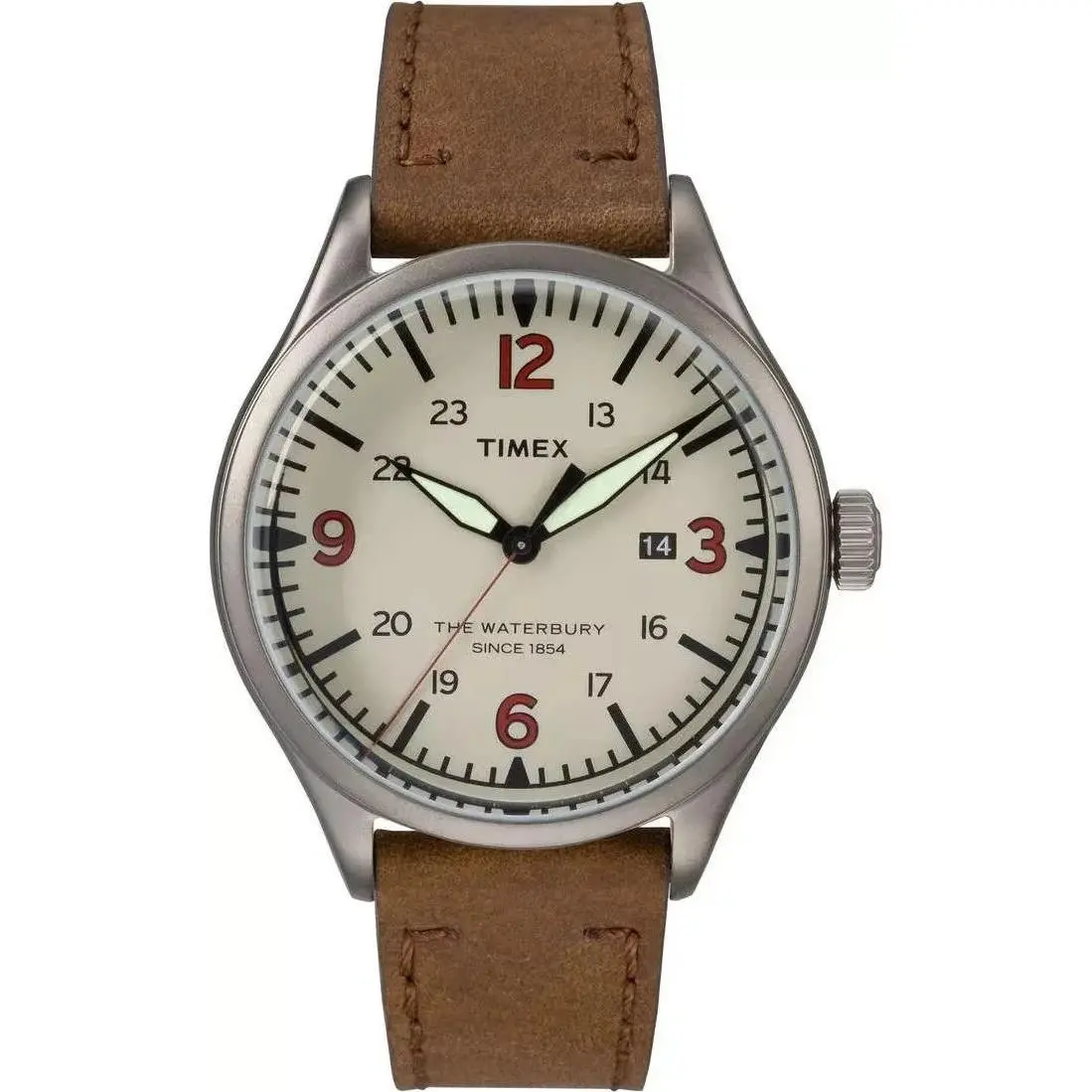 Timex Waterbury Men`s Quartz Watch TW2R38600 Cream Dial Brown Leather Strap