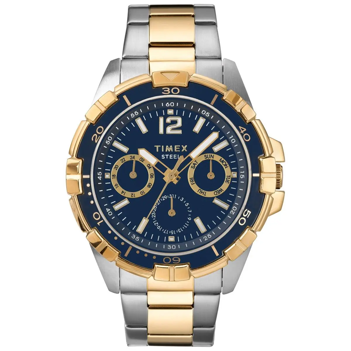 Timex Men`s Dress Analog 45mm Stainless Steel Multifunction Two-tone/blue
