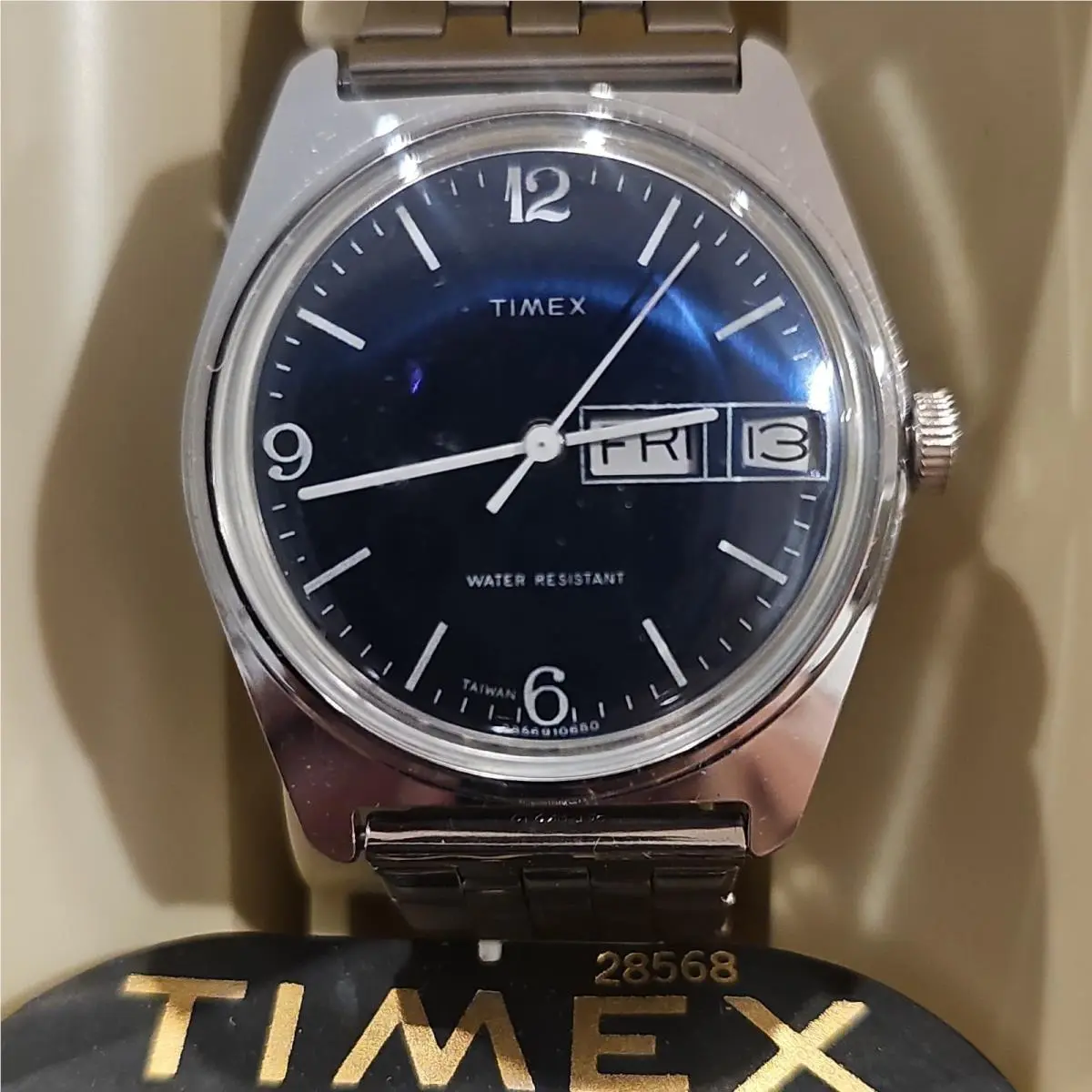 1980  Marlin Mechanical Watch Deep Blue Sunburst Dial Nos Model 28568 by Timex