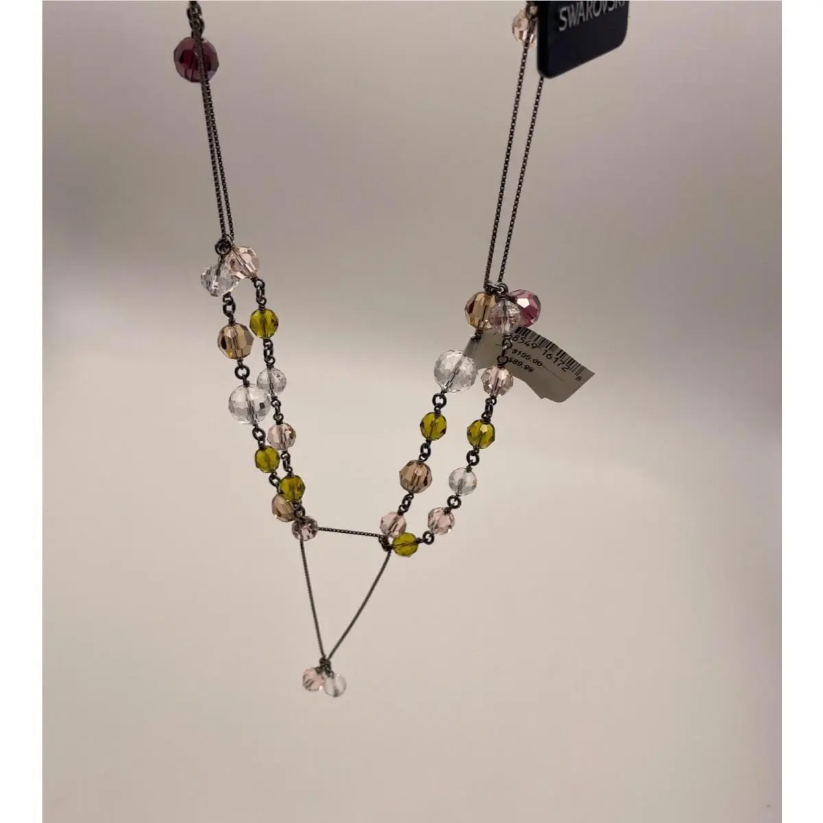Crystal Necklace Y-drop Crystals Pink Green Fine Silver Tone Cha by Swarovski