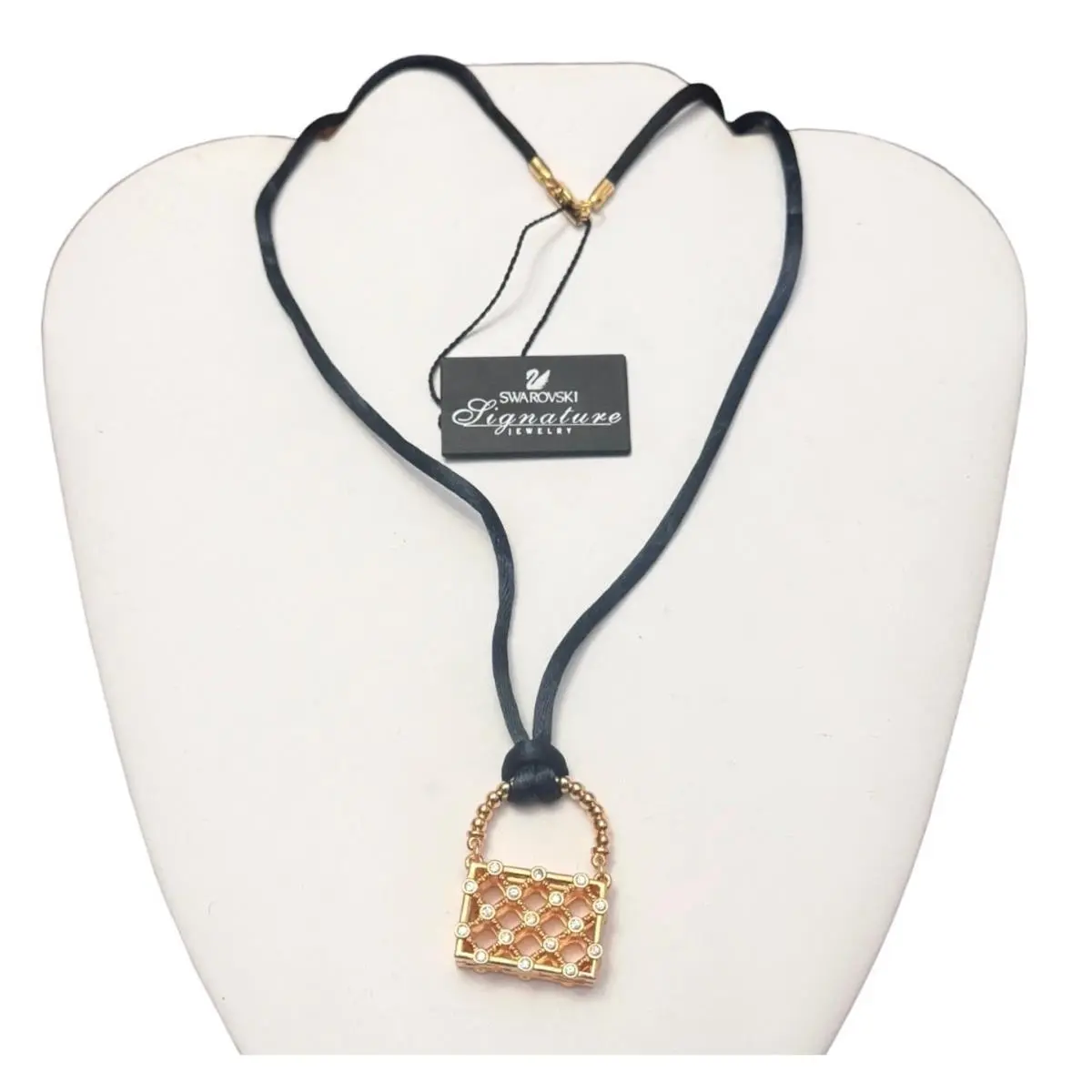 Crystal Necklace Gold Handbag Pendant Black Silk Cord Swan Signed by Swarovski