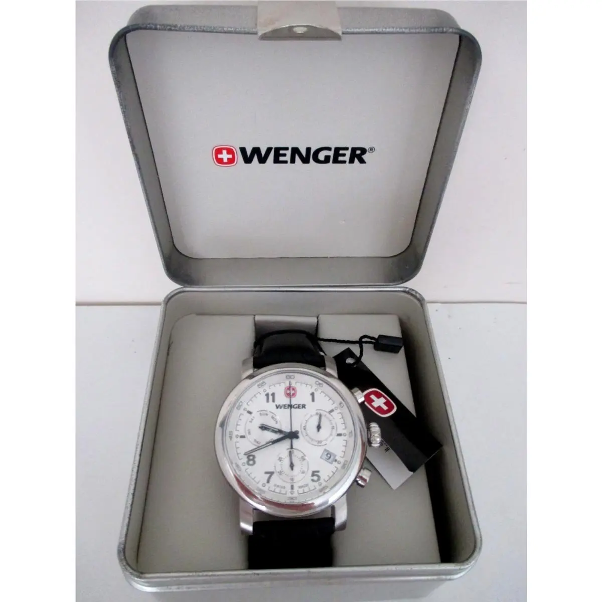Wenger Chronograph Quartz Watch Black Leather Band White Dial Swiss Made