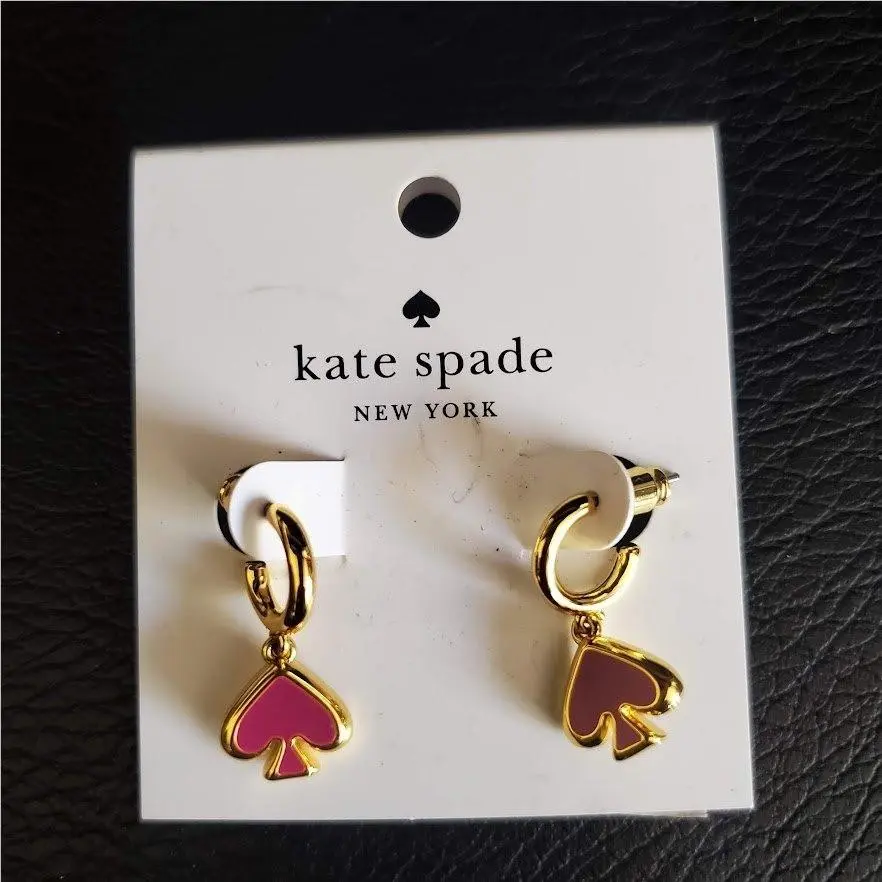 Kate Spade Everyday Spade Huggie Hoop Dangle Earrings Pink Enamel Gold
