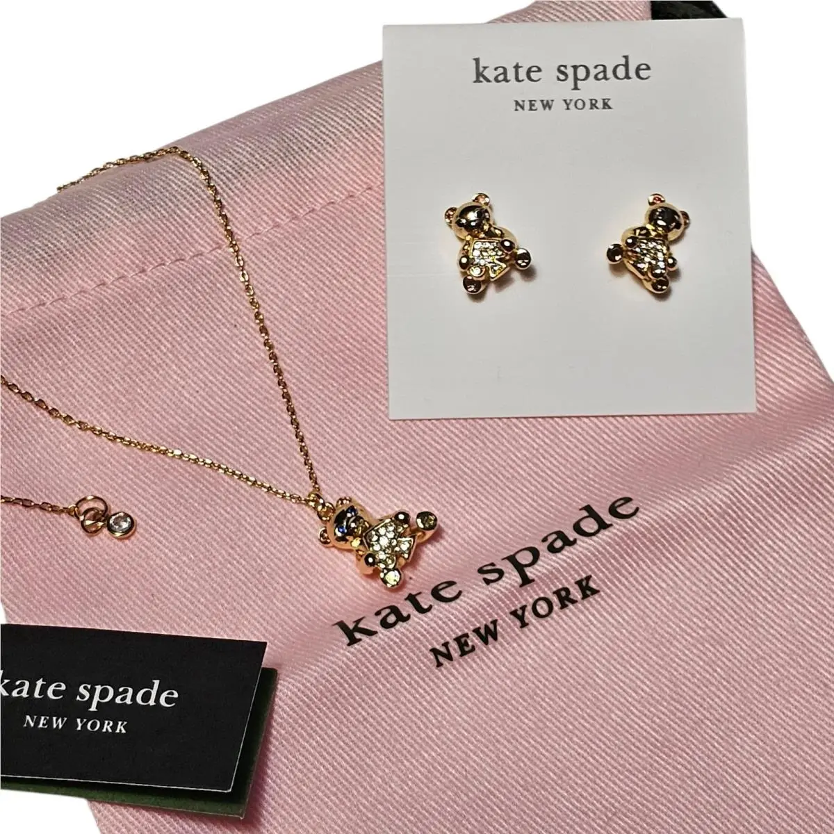 Kate Spade Oh What Fun Teddy Bear Pendant Necklace Stud Earrings Set