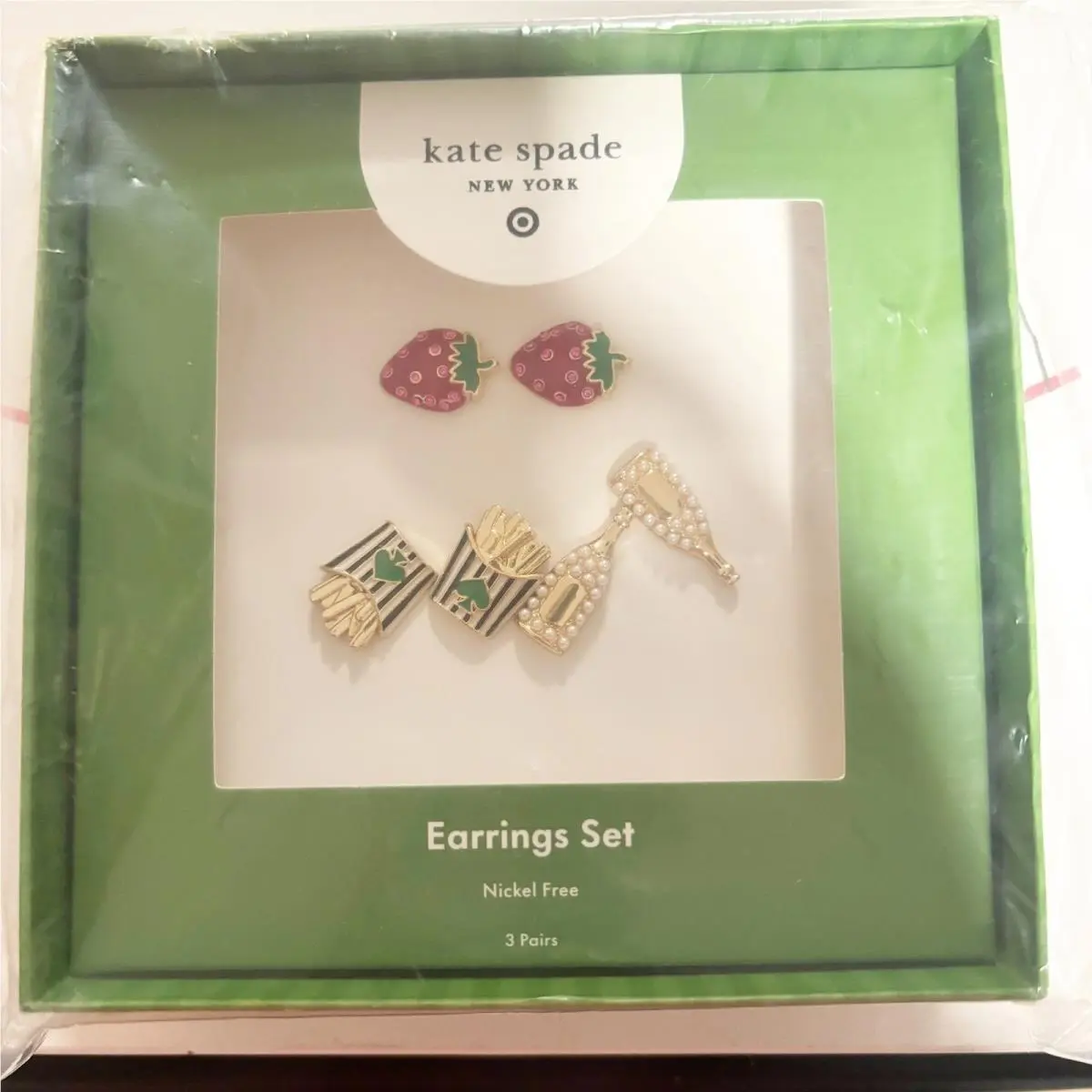 Kate Spade New York 3 Pair Earring Set Strawberry French Fries Champagne Studs