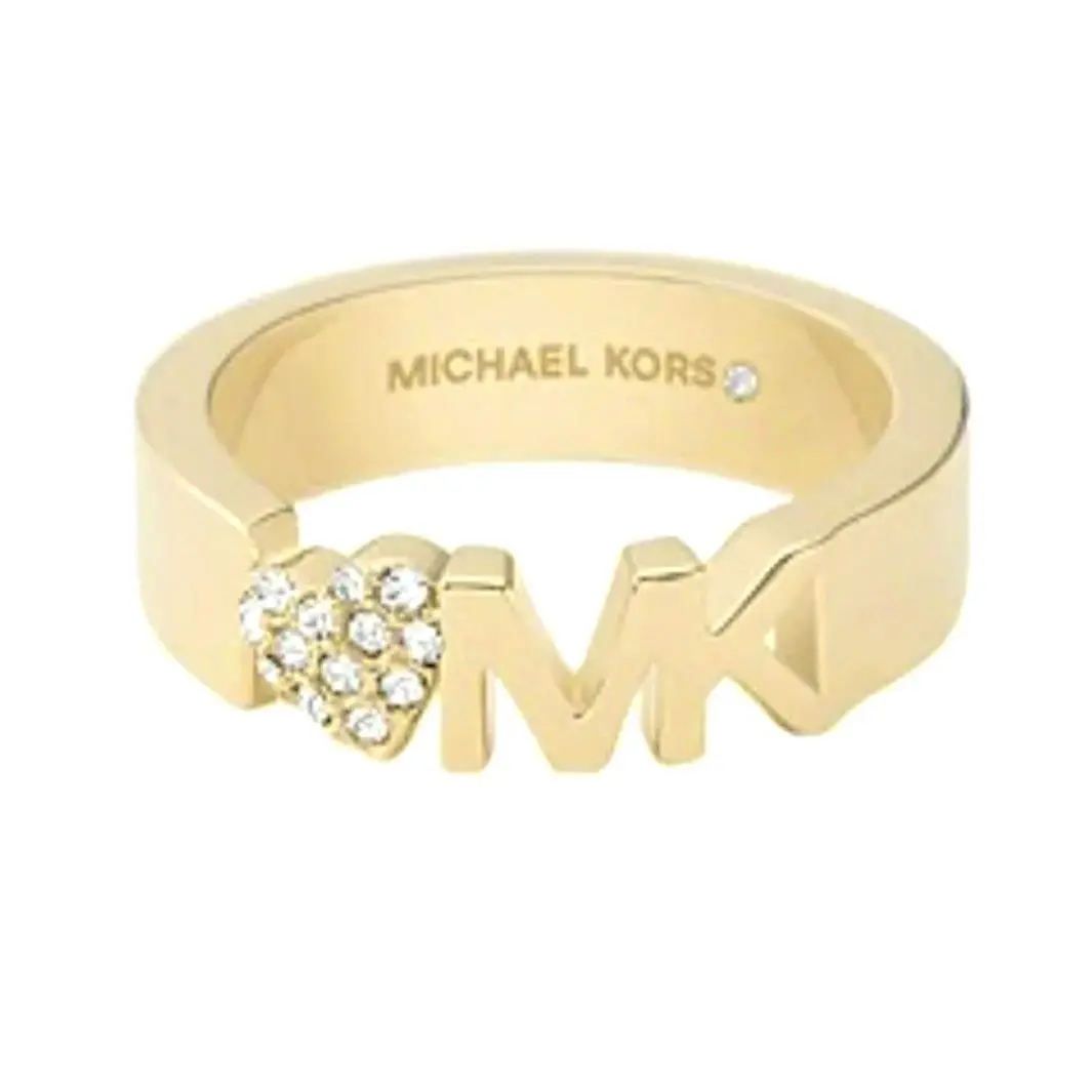 Michael Kors Gold Logo Monogram Pave Crystals Heart Brass Ring Band