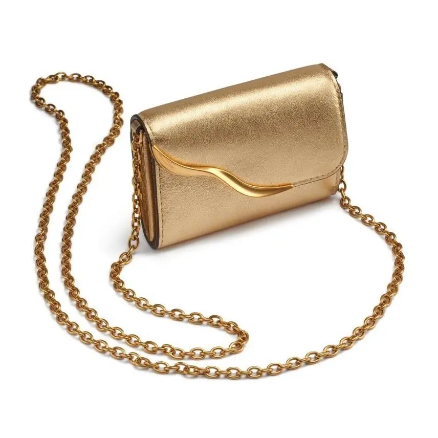Donna Karan Malverne Metallic Leather Wallet Cardcase with Chain + Dust Bag Gold