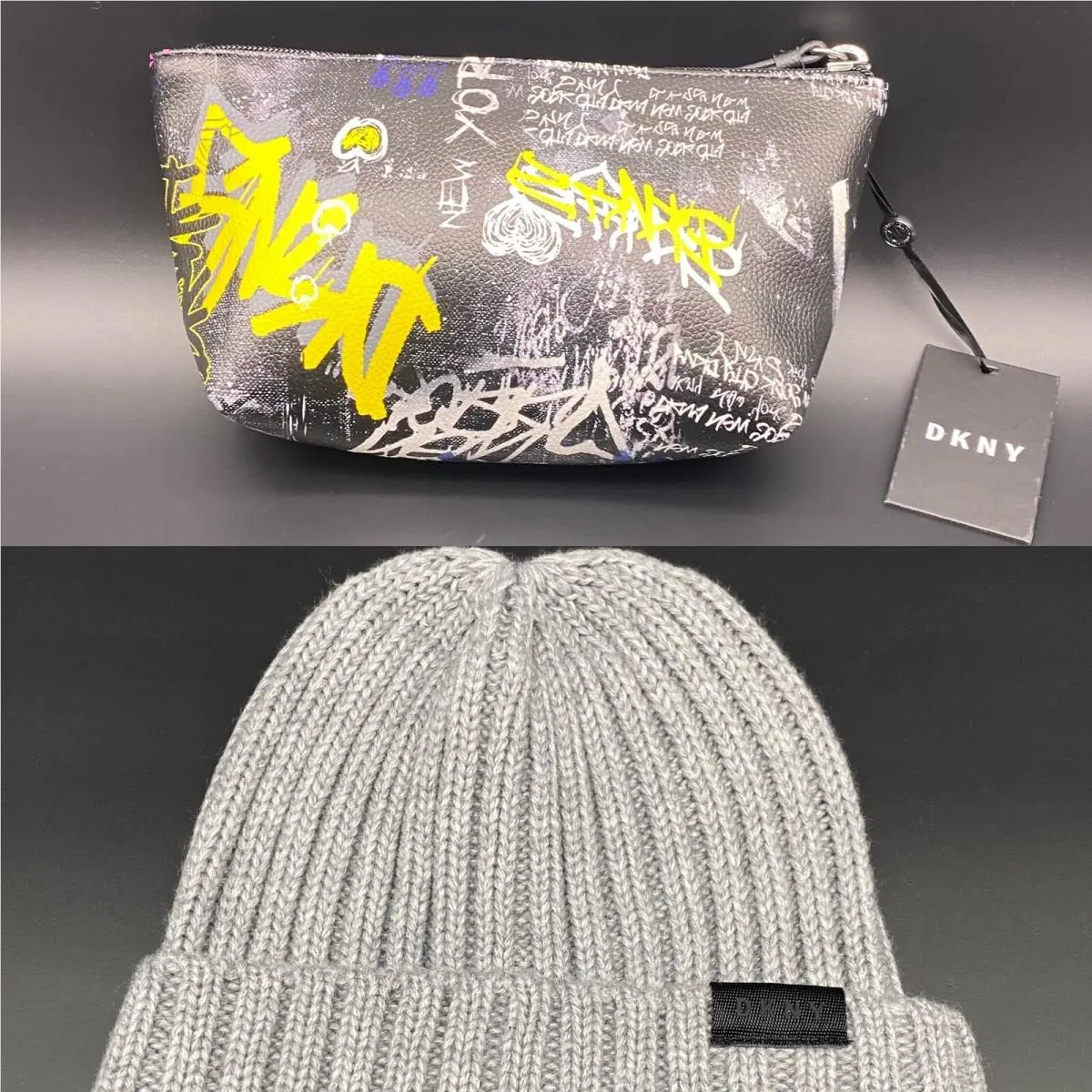 Dkny Beanie Hat and Logo Cosmetic Pouch Bag