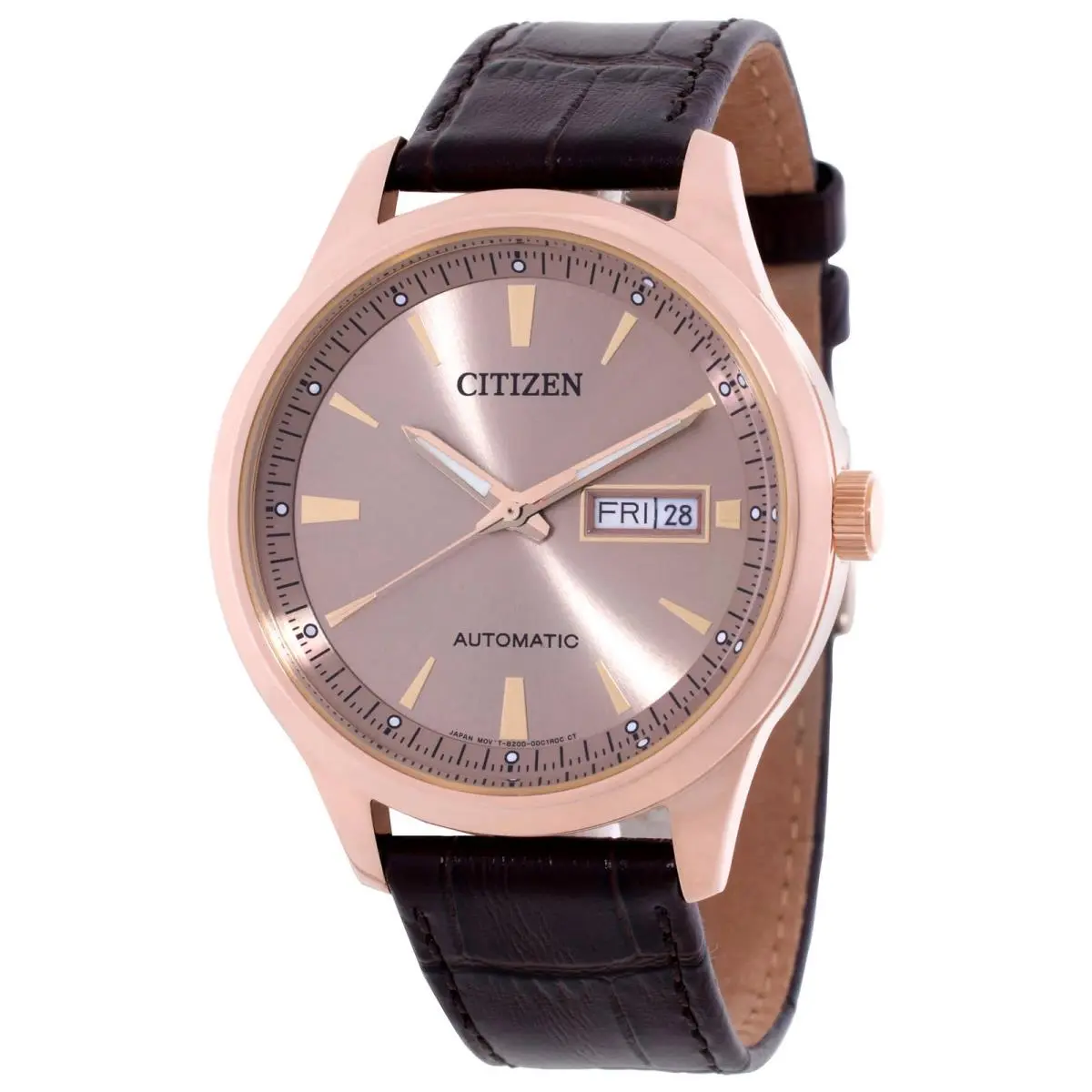 Citizen Mechanical Automatic Rose Gold Dial Men`s Watch NY4062-04X - Gold, Dial: Rose Gold-tone, Band: Brown