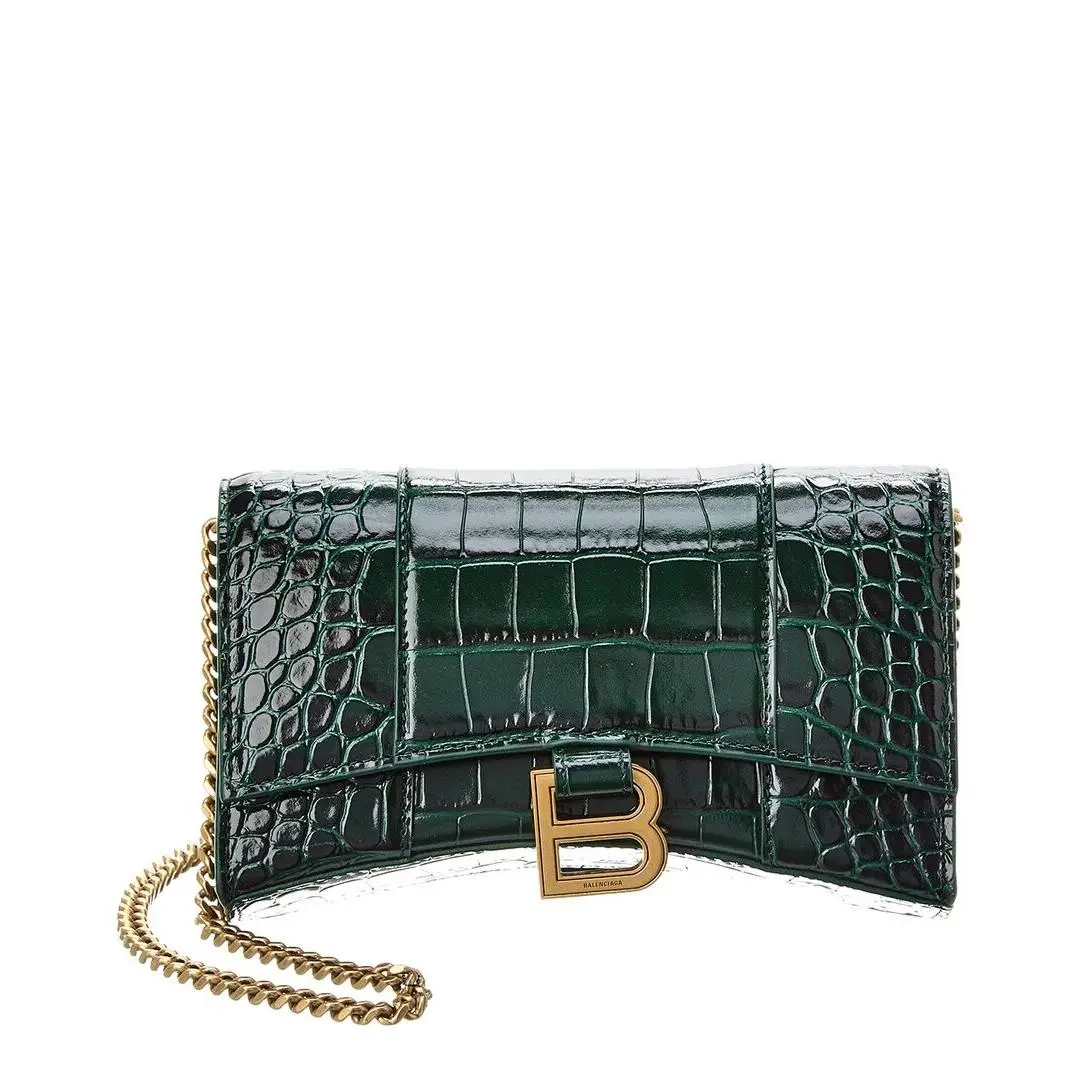 Balenciaga Hourglass Croc-embossed Leather Wallet On Chain Women`s Green