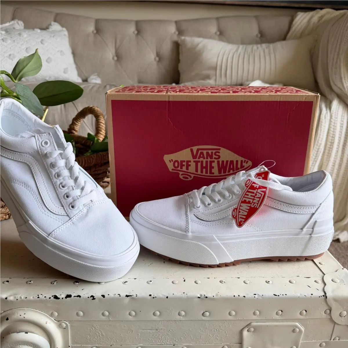 Vans Old Skool Stacked White Canvas Platform Women`s 9.5 Lace Up