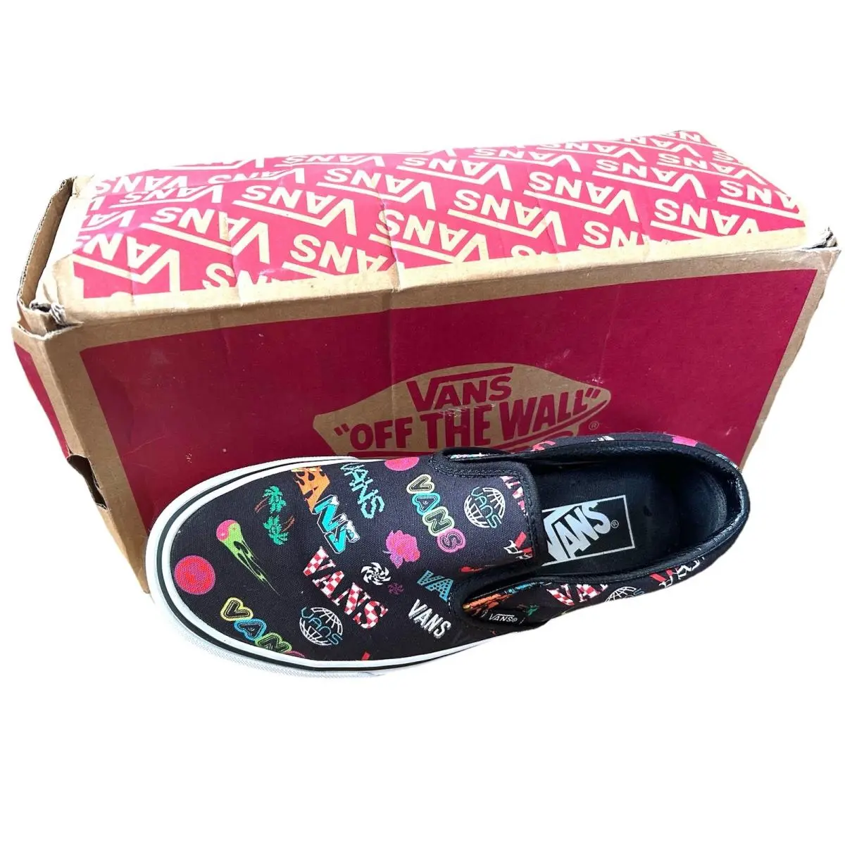 J Classic Vans Slip On Disruptive Blk Wht Men 4.5 Women 6 Skate Canvas Shoe
