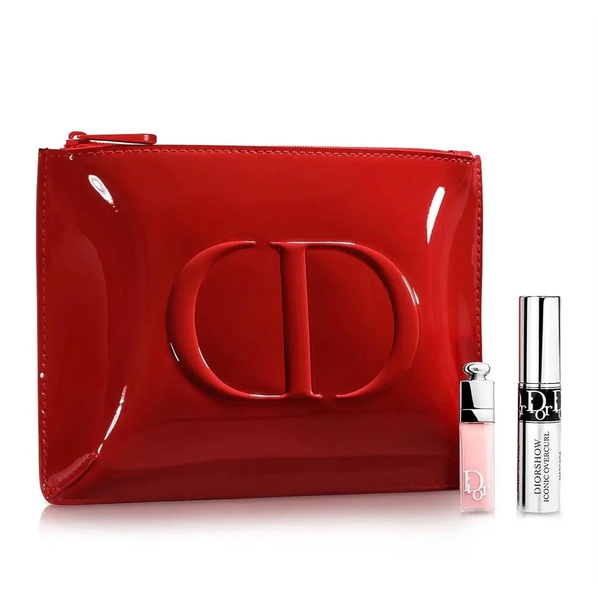 Dior Red Patent Leather Makeup Bag with Zipper + Samples