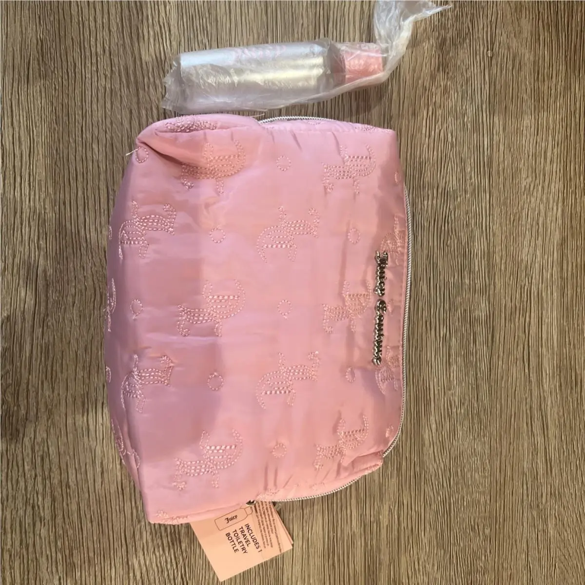 Juicy Couture Pink Velour Travel Cosmetic Bag with Travel Toiletry Bottle
