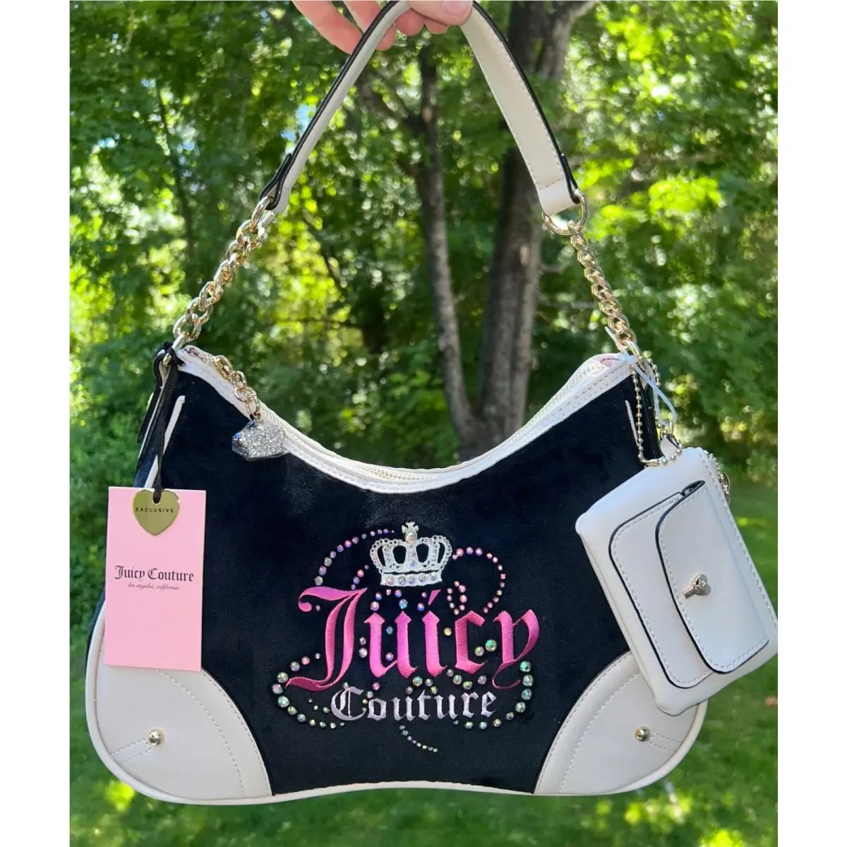 Juicy Couture Velour Dreamy Juicy Shoulder Bag in Black Liquorice/crystal