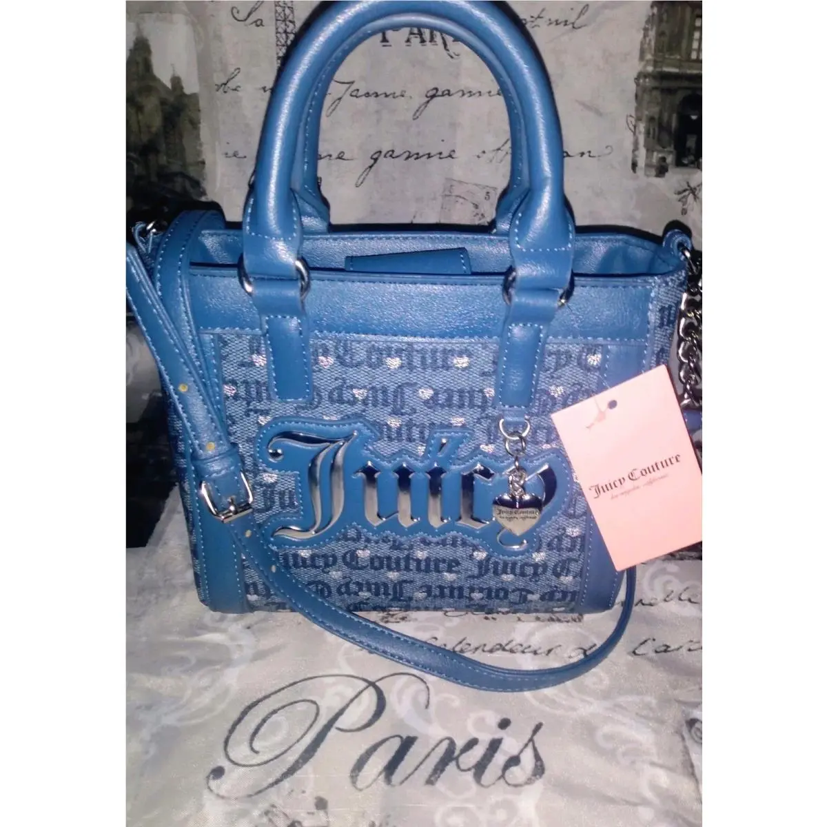 Poker Face Mini Tote X-body Bag Bluedenim/silver Heart Cha by Juicy Couture