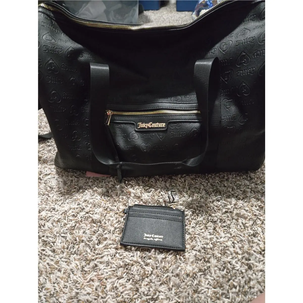 Black Embossed Monogram Large Duffle Travel Tote Bag Gold Hardware by Juicy Couture