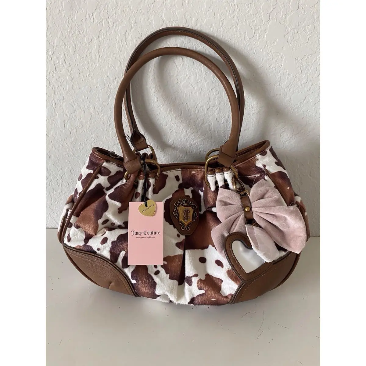 Juicy Couture Romance Cow Print Satchel In Saddle Brown W/charm Viral