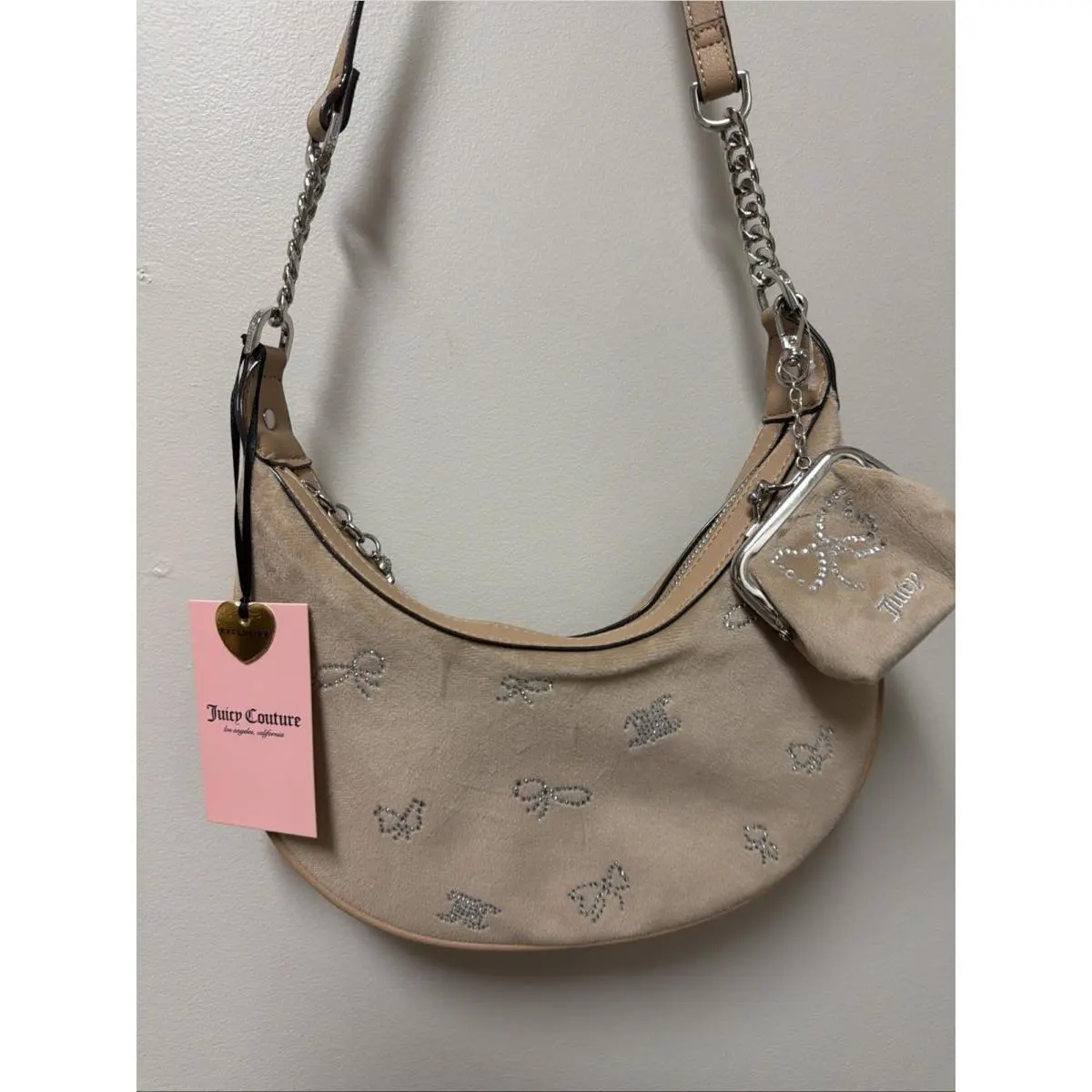 Juicy Couture Crossbody Bag Coin Purse Set Rhinestone Charm Pecan