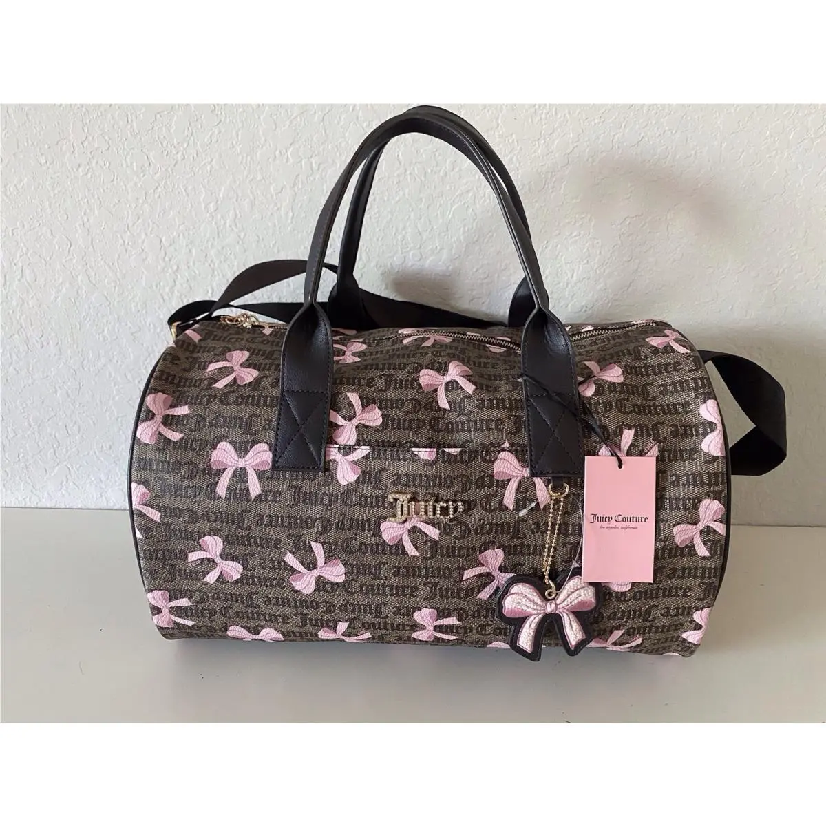 Juicy Couture Simply Sweet Weekender Duffel Bag Dark Brown W/pink Bows Bow Charm