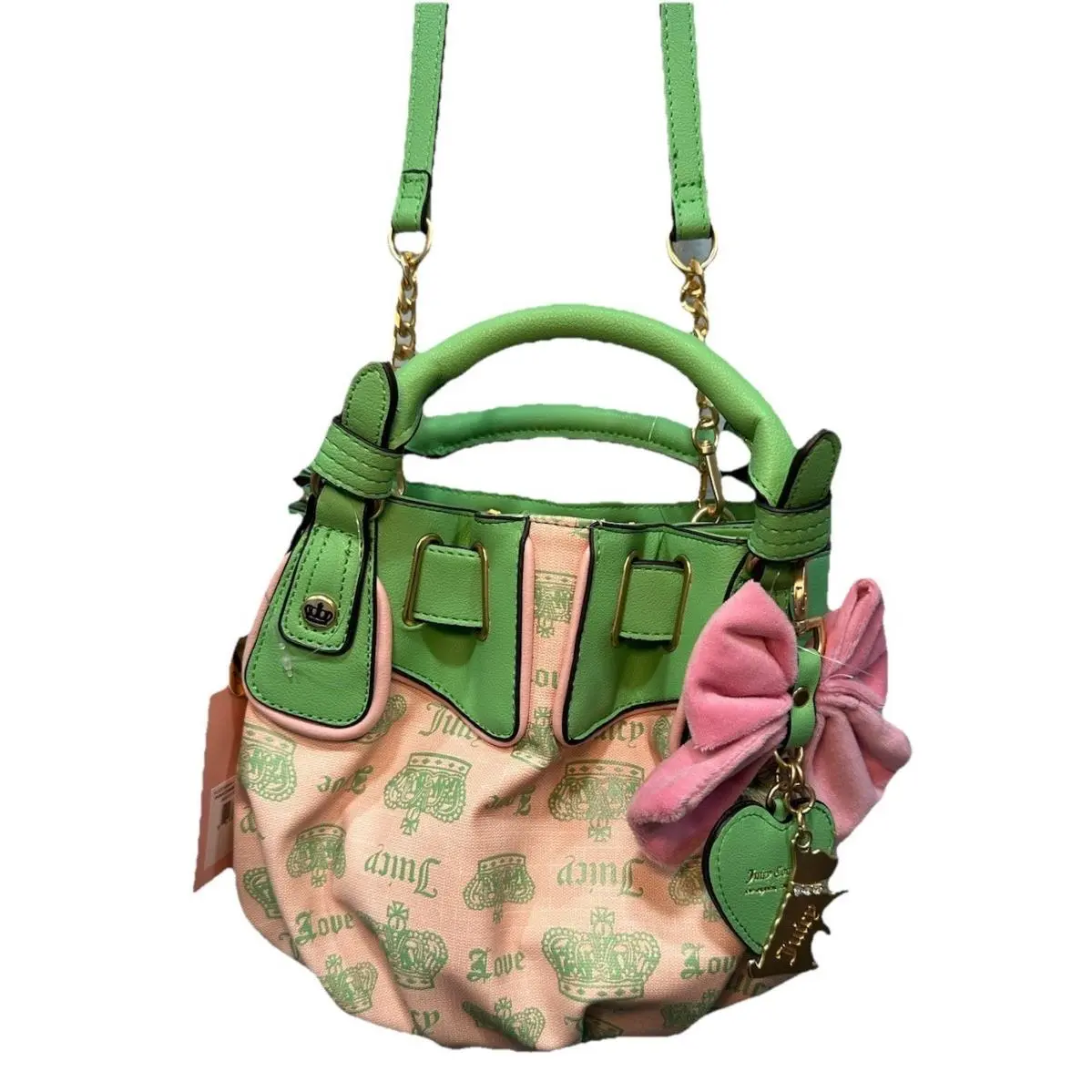 Juicy Fan Club Pink Diamond Retro Green Crossbody Crown Print Bow Charm