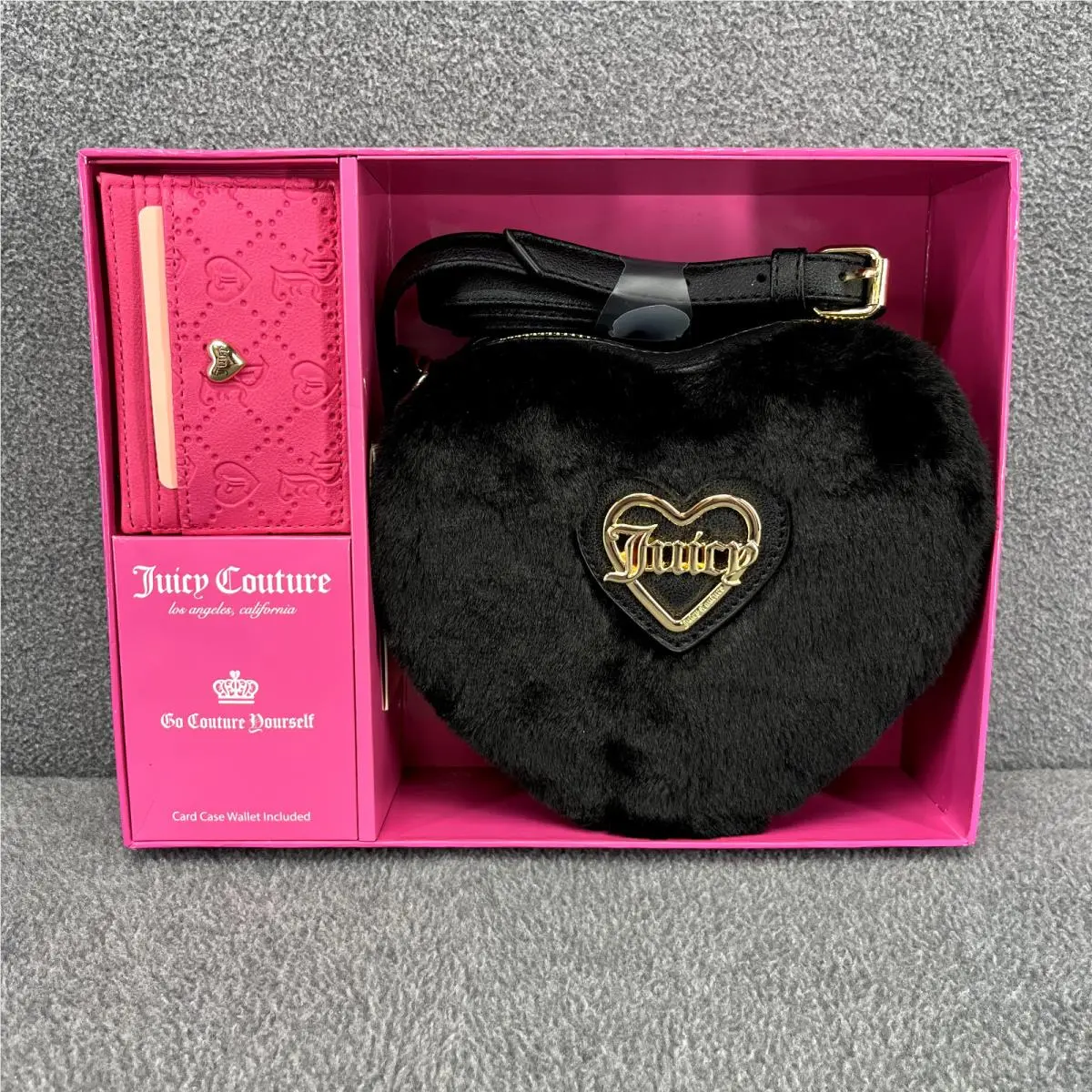 Juicy Couture Liquorice Heart Crossbody Black Card Case Pink Boxed Gift