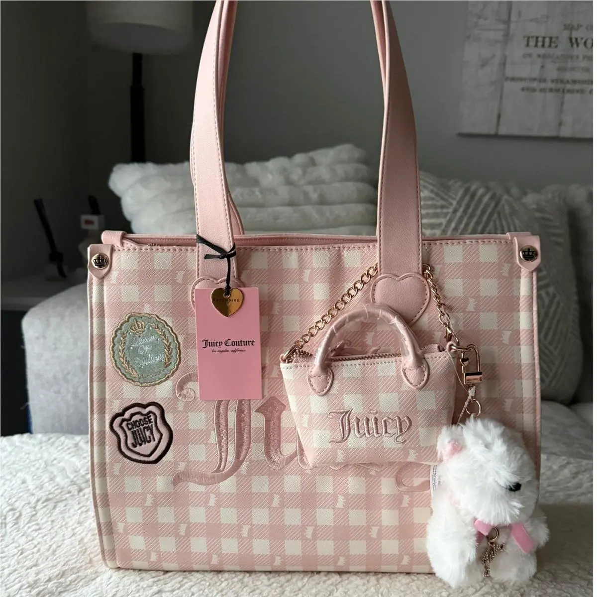 Pink Gingham Tote Bag Queen of Couture Bear Charm by Juicy Couture