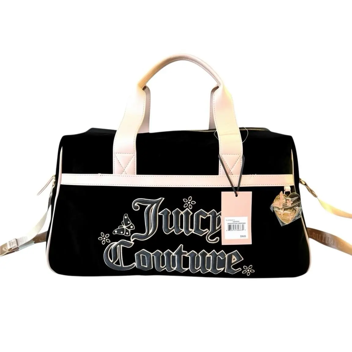 Juicy Couture Velour Weekender Duffle Bag Liquorice Pink Butterfly Charm Travel