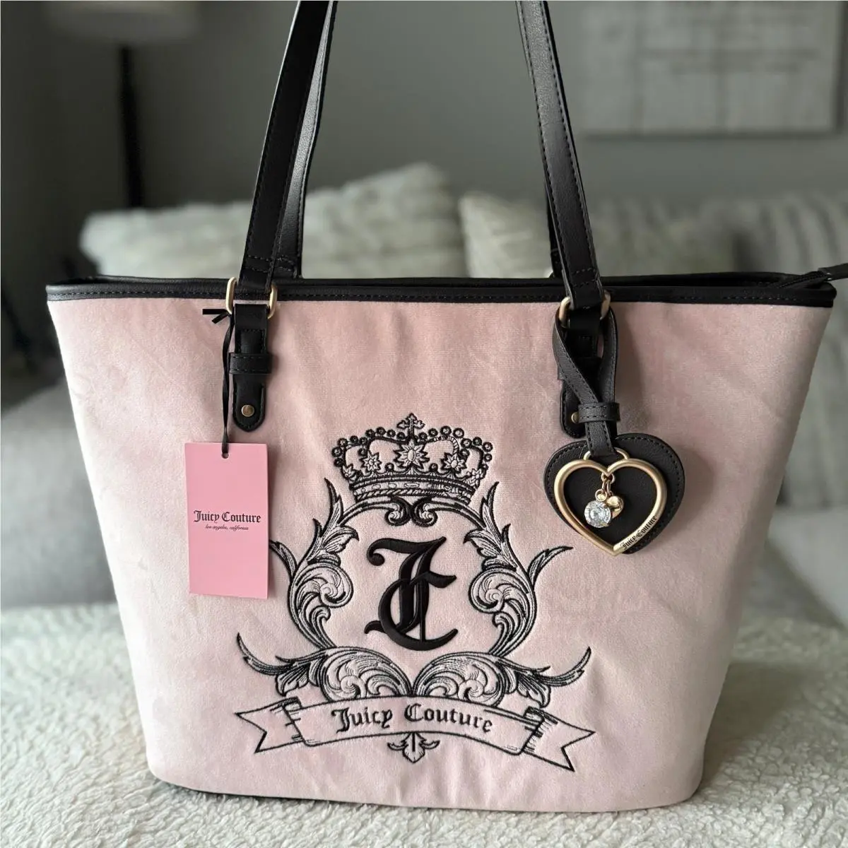 Pink Velour Crown Crest Tote Bag Brown Trim Heart Charm by Juicy Couture