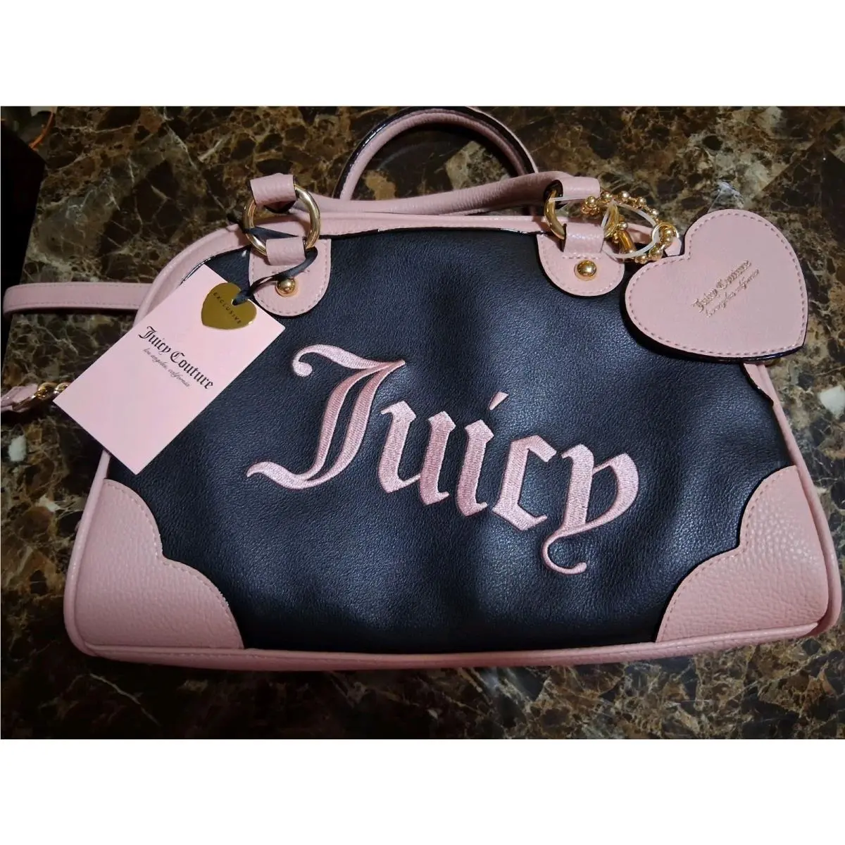 Black Pink Heart Bowler Bag Embroidered Logo Satchel Purse Xbody by Juicy Couture