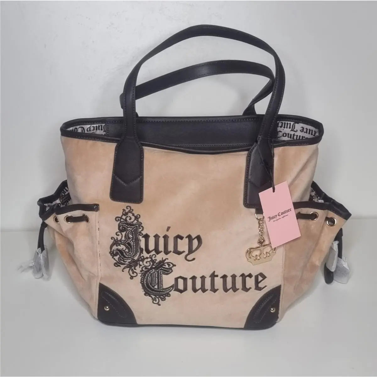 Renaissance Tote Brown Beige Velour Embroidered Crown Charm Larg by Juicy Couture