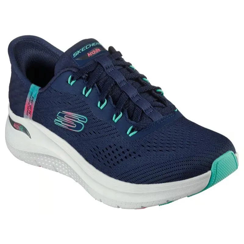 Womens Skechers Slip Ins Arch Fit 2.0 Easy Chic Navy Turquoise Mesh Shoes