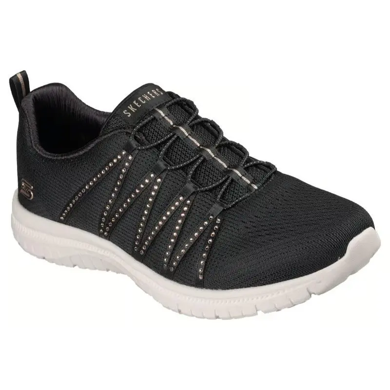 Womens Skechers Virtue She Sparkles Black Gold Mesh Shoes