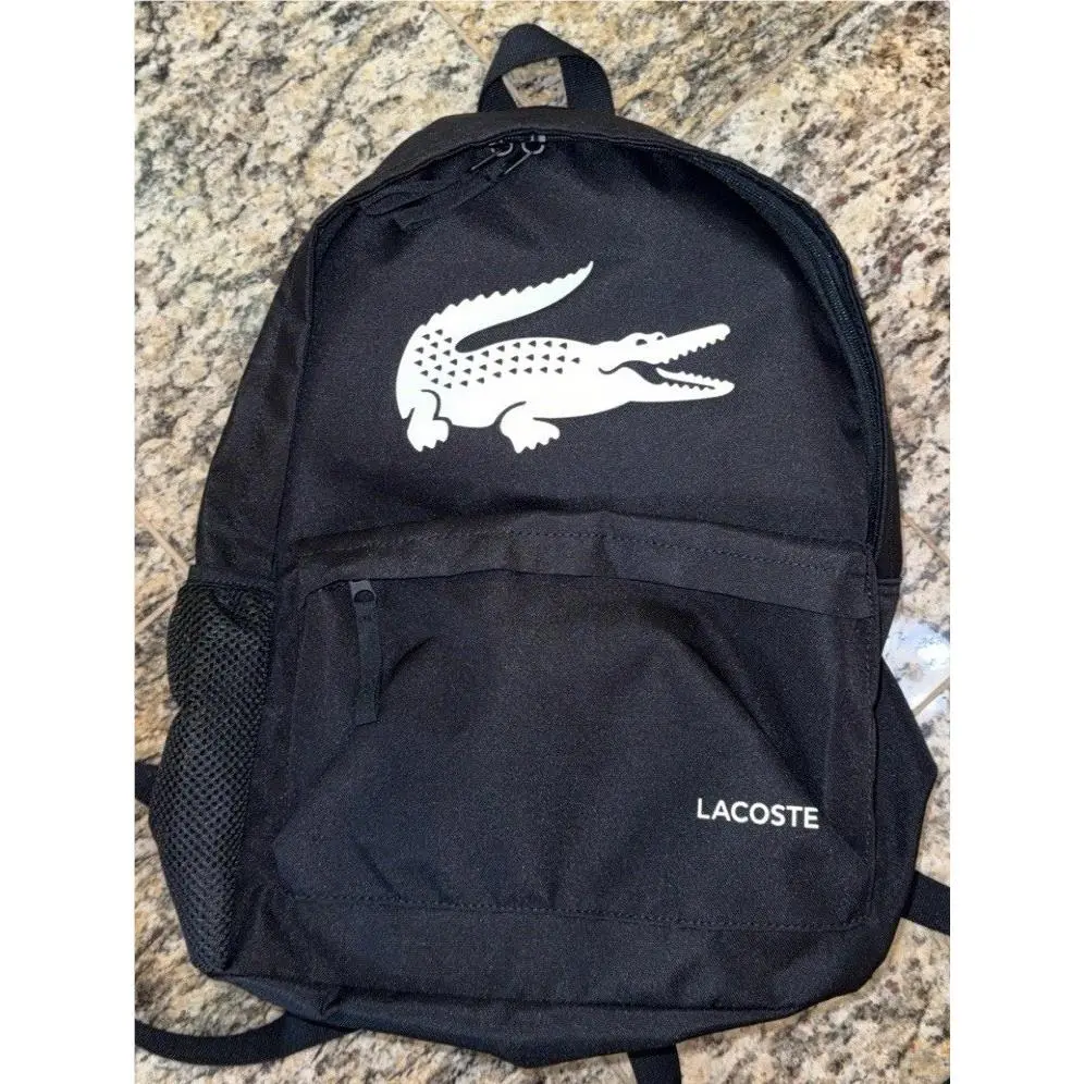 Lacoste $98 Backpack Big Croc Logo Bag Backpack Big Croc Logo Bag Side Pocket Black NH5184OM