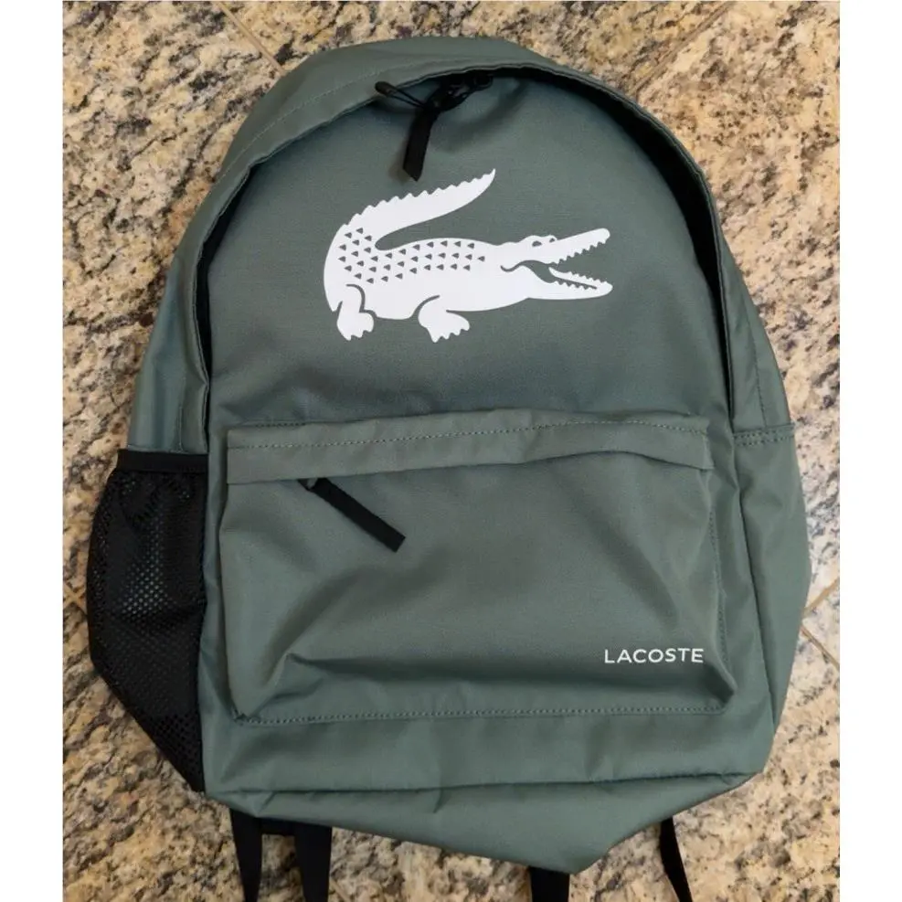 Lacoste $98 Backpack Big Croc Logo Bag Backpack Big Croc Logo Bag Side Pocket Green NH5184OM