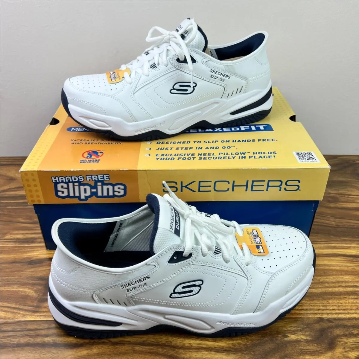 Skechers Mens Slip-in Shoe Size 11.5 Extra Wide White/blue Durham Delvor Sneaker