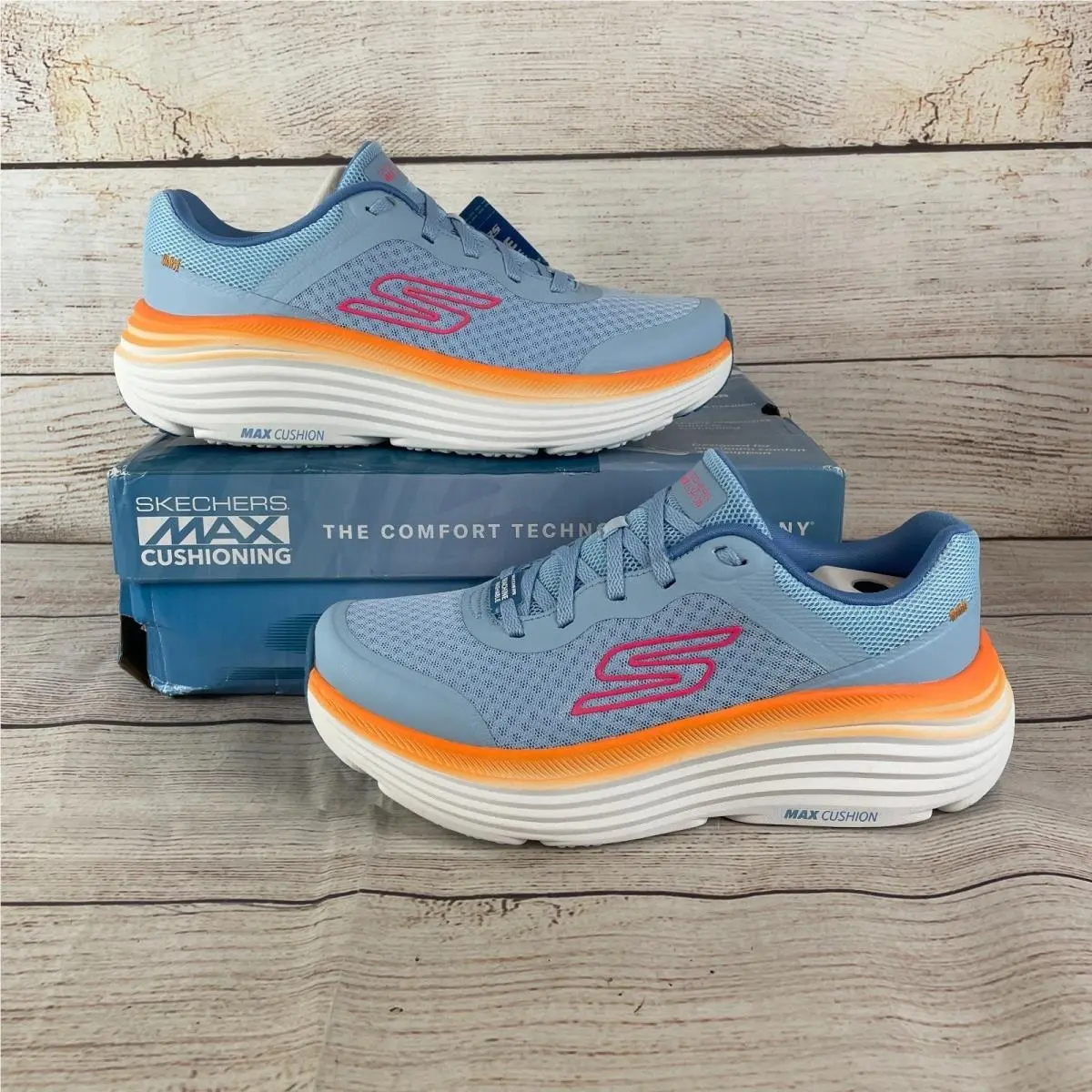 Skechers Max Cushioning Endeavour Womens Sz 9.5 Running Shoes Blue Orange
