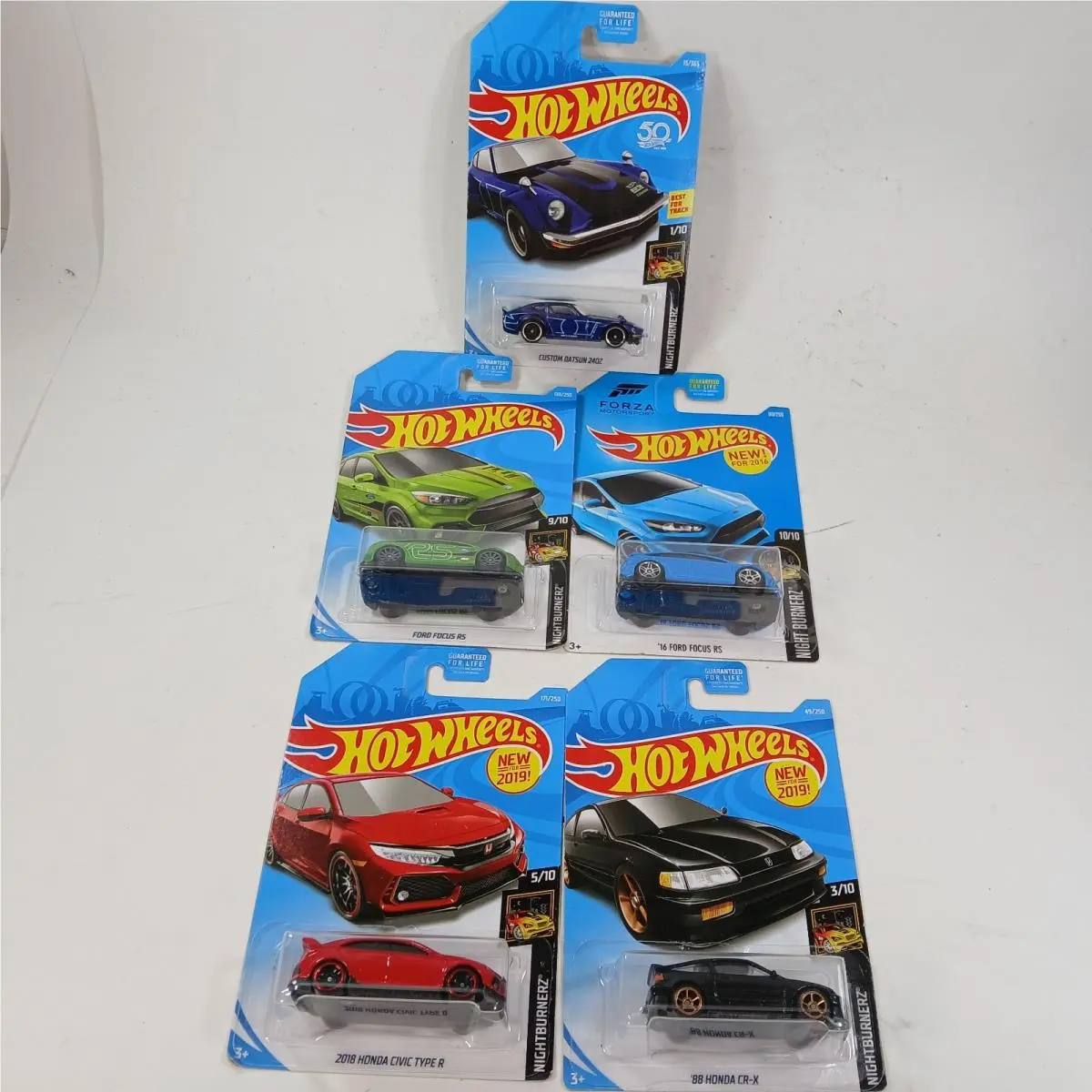 Hot Wheels Night Burnerz 16 Ford Focus RS 2018 Honda Civic Type R 88 Honda Cr-x
