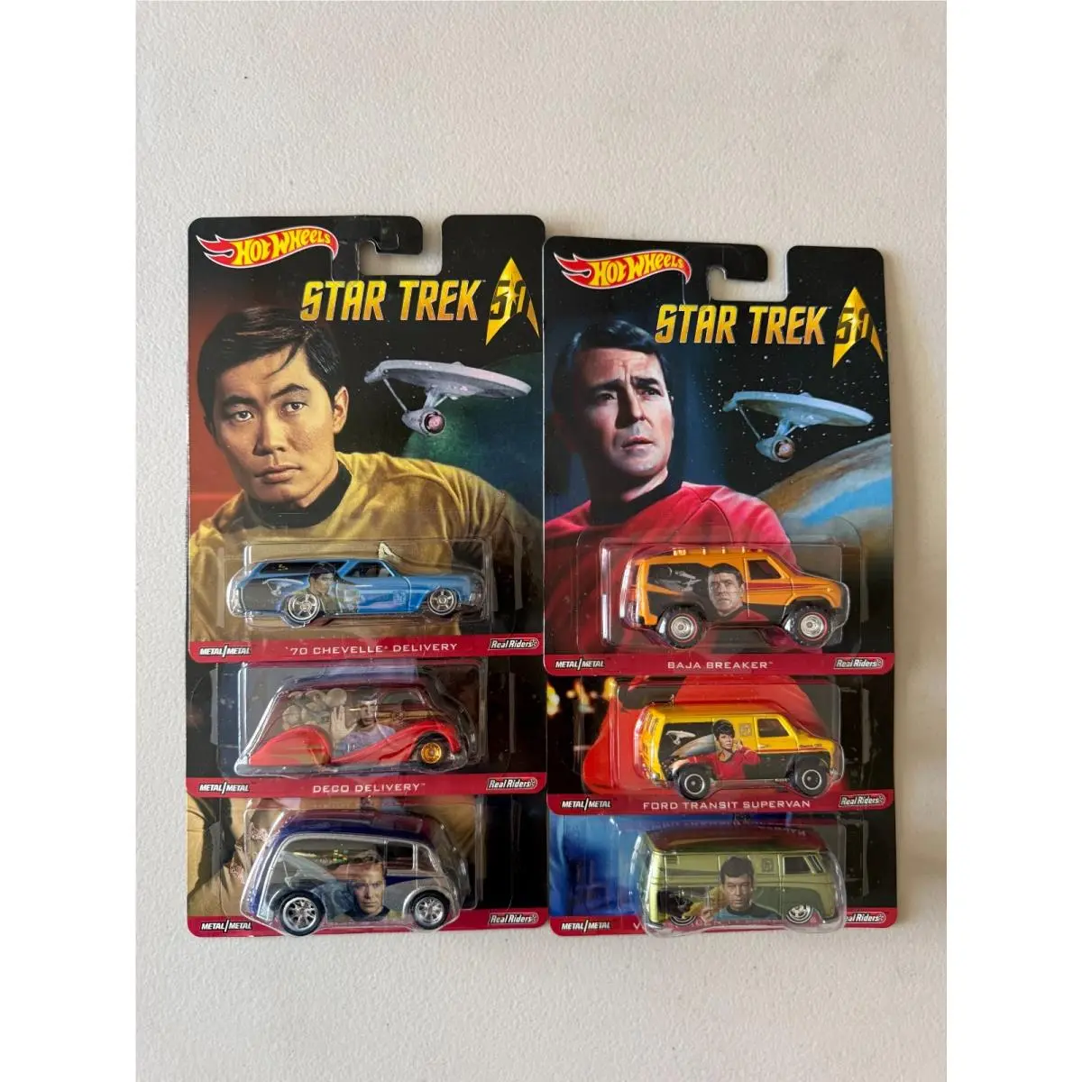 50th Anniv 2015 Mattel Hot Wheels Star Trek Real Riders Complete Set of 6 BE9