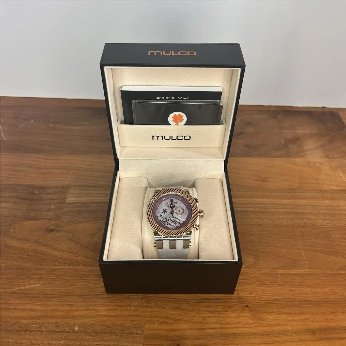 Mulco Chronograph Watch Rose Gold Tone White Strap w/ Box