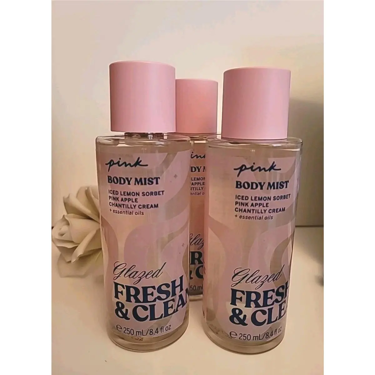 3x Pink Victoria`s Secret Glazed Fresh Clean Fragrance Body Mist Spray 8.4 oz