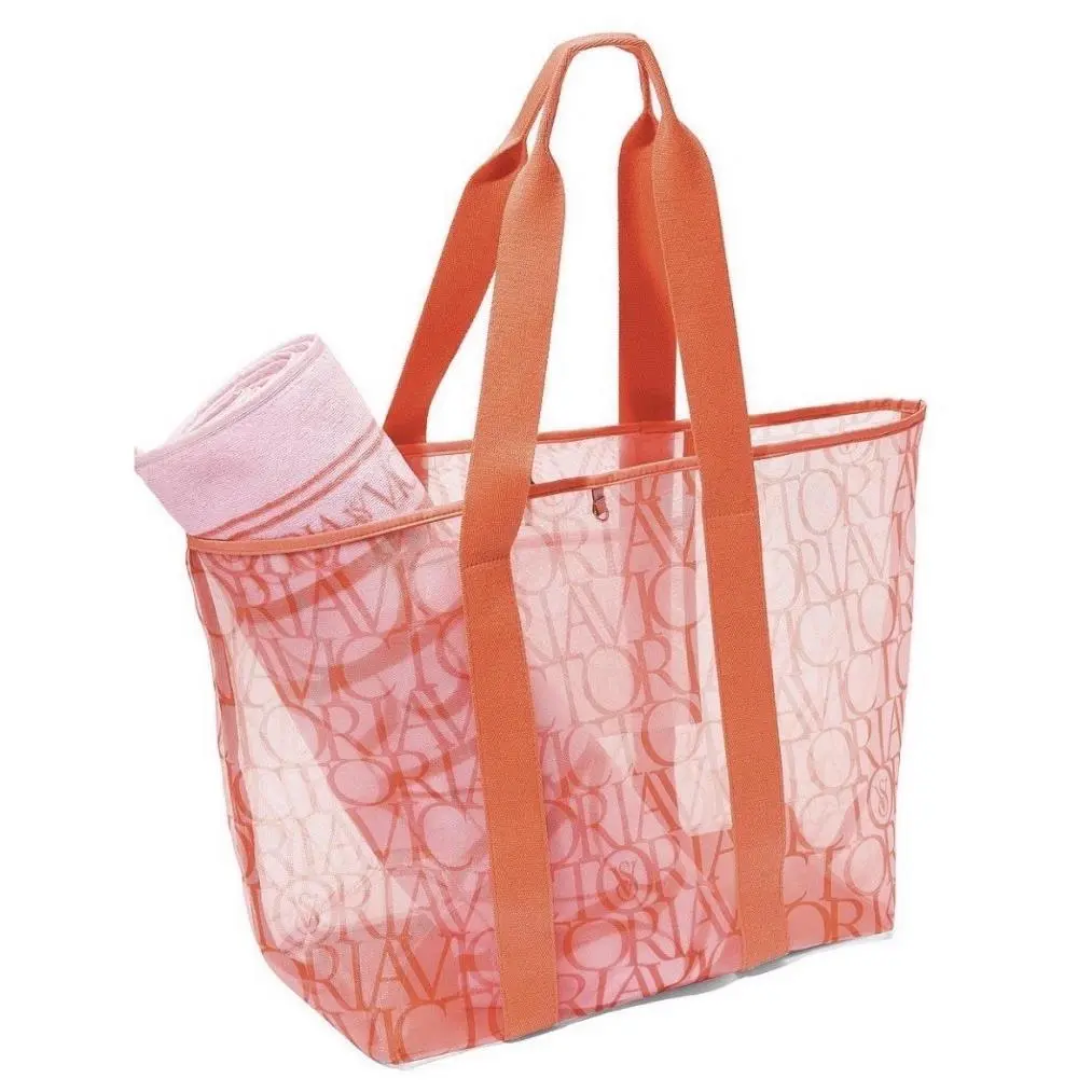 Victoria’s Secret Orange Logo Mesh Summer Beach Towel Tote Weekender Bag Set